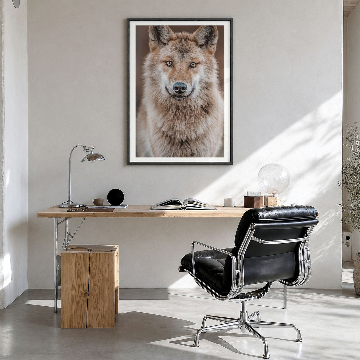 Wolf Photo No 2 Poster in a black wood frame, hanging in a bright home office, white border