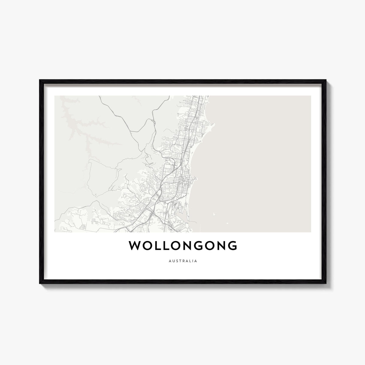 Wollongong black & white map poster of New South Wales, Australia – horizontal wall art, unframed print shown in interior moc