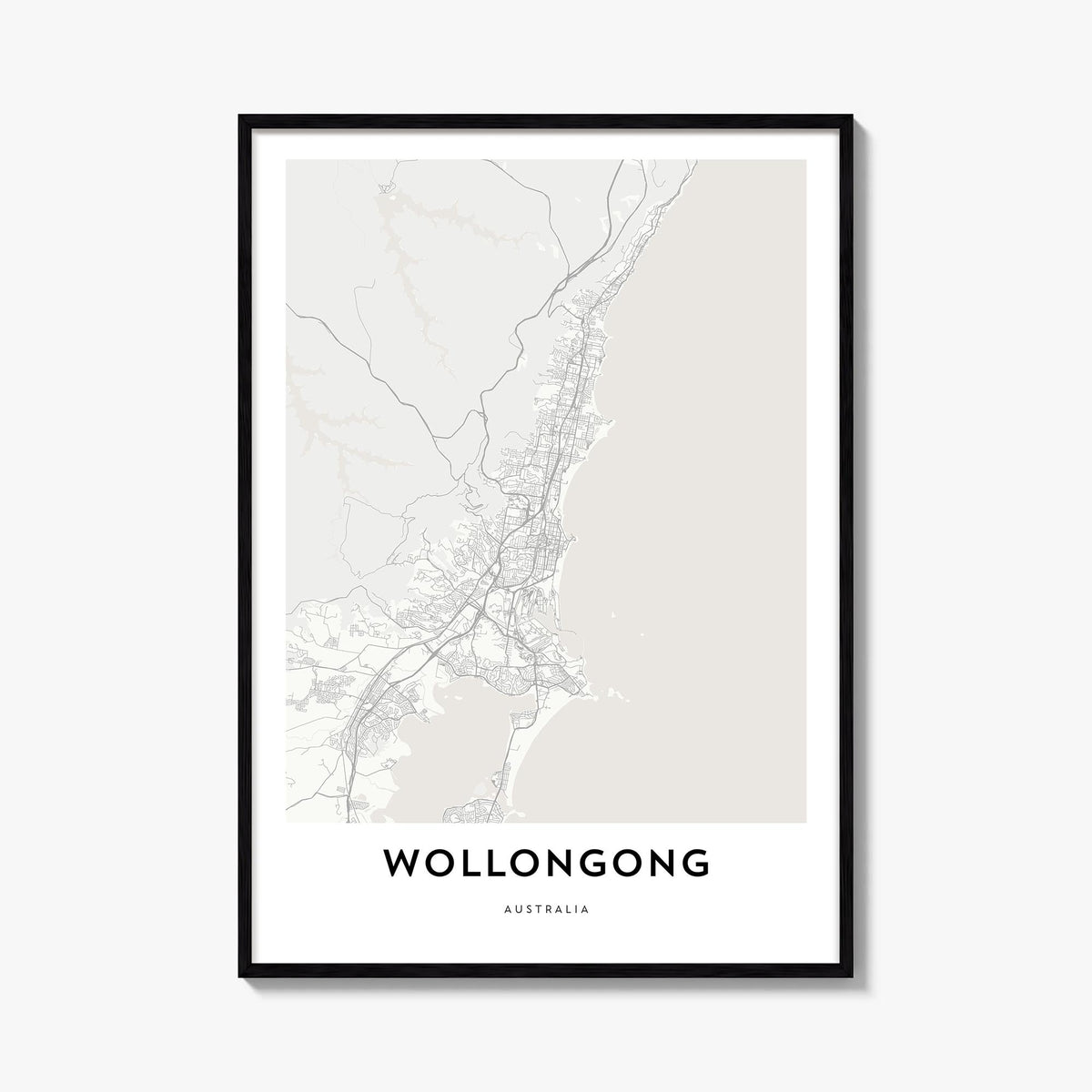 Wollongong black & white map poster of New South Wales, Australia – vertical wall art, unframed print shown in interior mocku