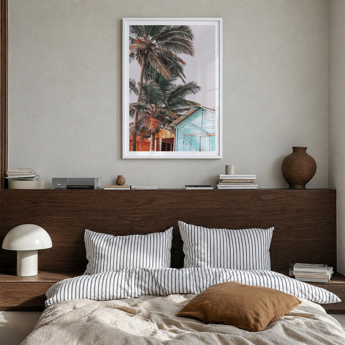 Wooden Cabin Logs colorful photo poster – vertical wall art in white wood frame with white border, hanging on wall