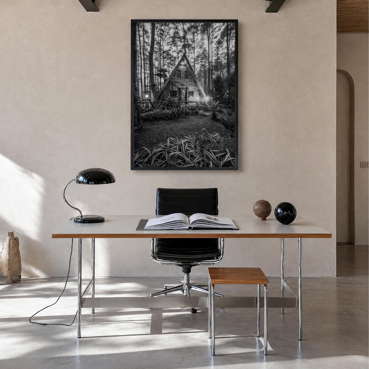 Wooden Cabin Logs no. 1 black & white photo poster – vertical wall art in black wood frame, hanging on wall