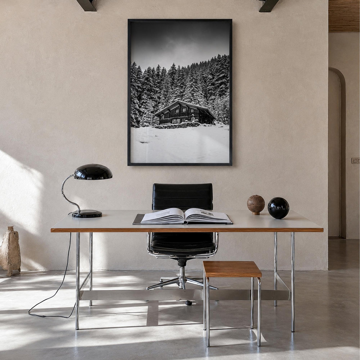 Wooden Cabin Logs no. 2 black & white photo poster – vertical wall art in black wood frame, hanging on wall