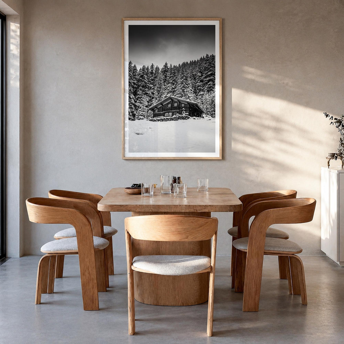 Wooden Cabin Logs no. 2 black & white photo poster – vertical wall art in natural wood frame with white border, hanging on wa
