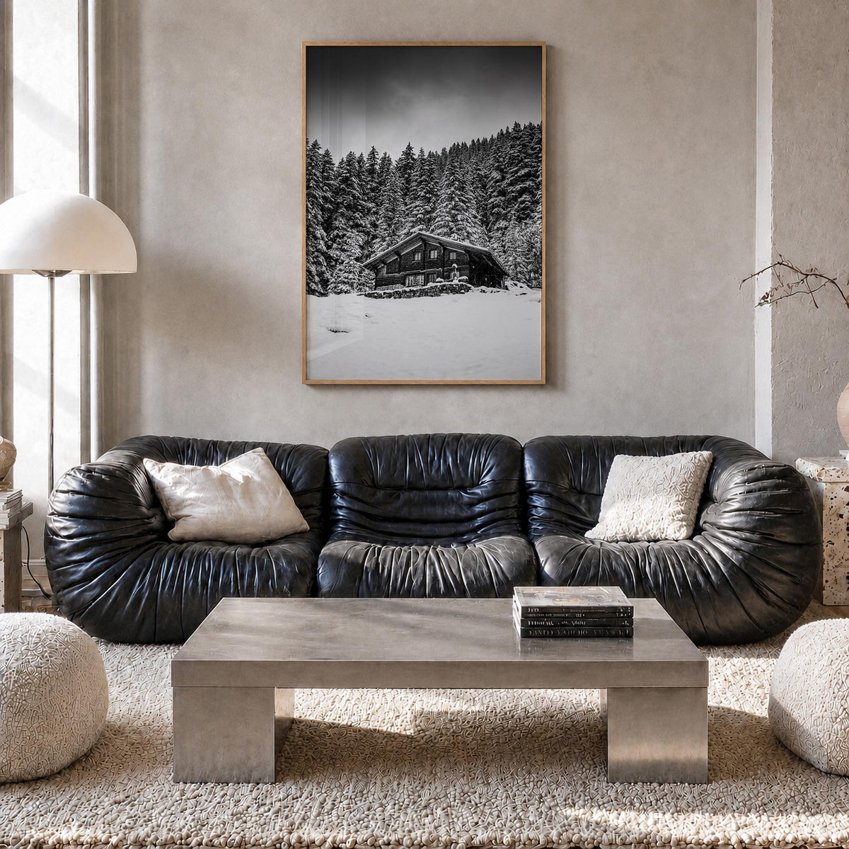 Wooden Cabin Logs no. 2 black & white photo poster – vertical wall art in natural wood frame, hanging on wall