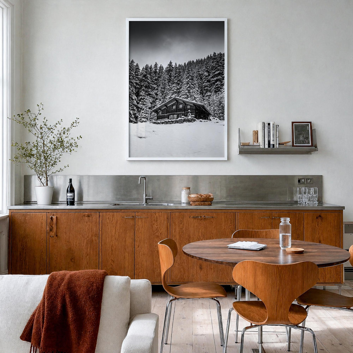 Wooden Cabin Logs no. 2 black & white photo poster – vertical wall art in white wood frame, hanging on wall