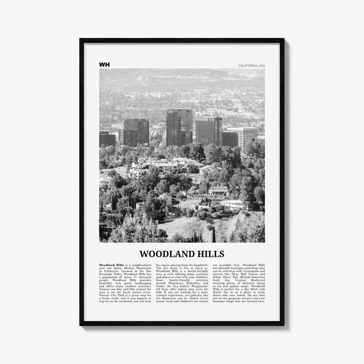 Woodland Hills black & white newspaper poster of California, USA – vertical wall art, unframed print shown in interior mockup