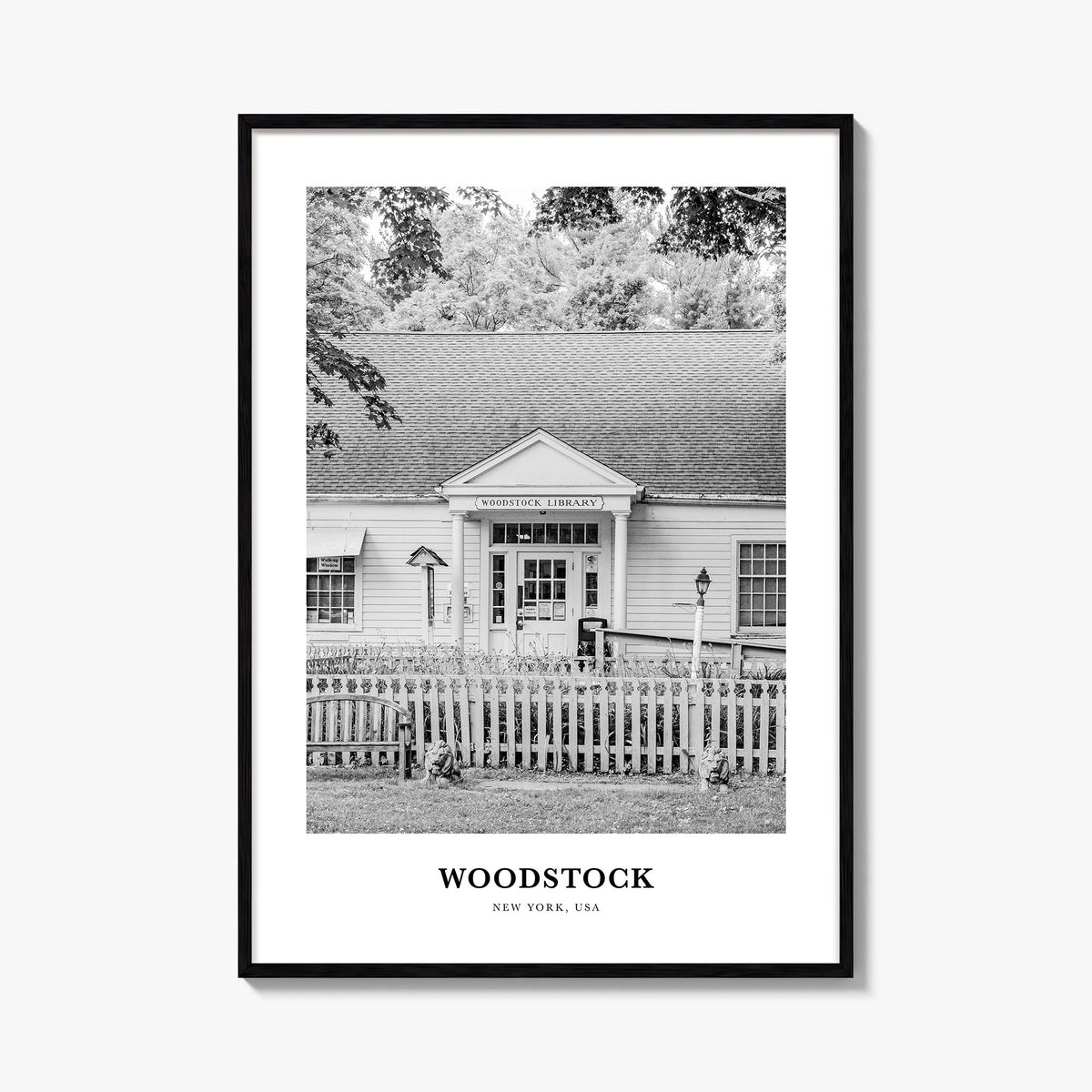 Woodstock, New York black & white classic poster of New York, USA – vertical wall art, unframed print shown in interior mocku