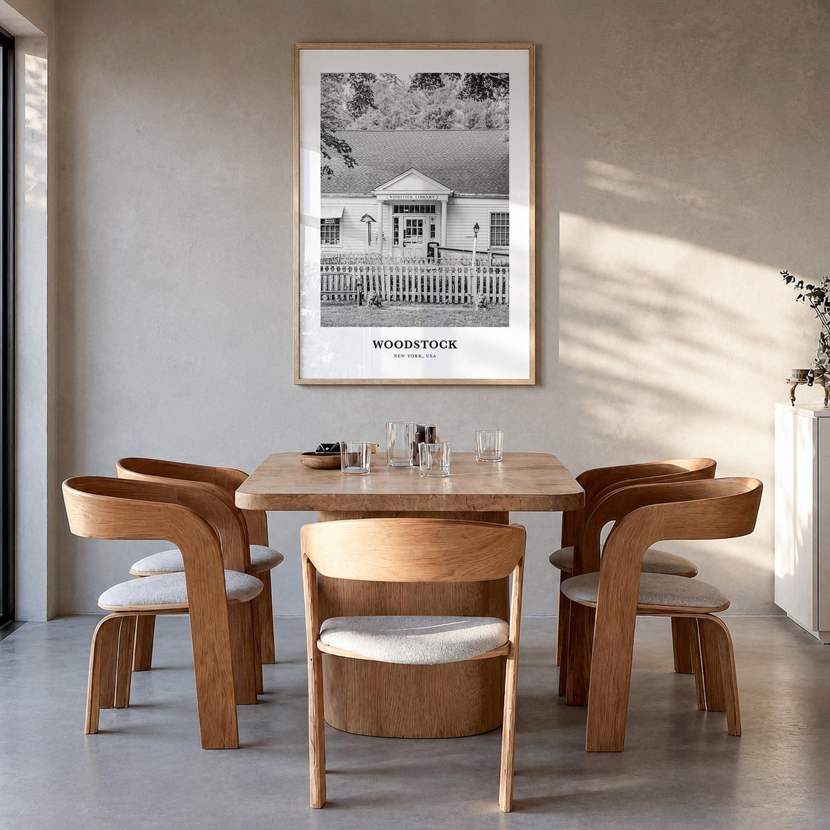 Woodstock, New York black & white classic poster of New York, USA – vertical wall art in natural wood frame, hanging on wall