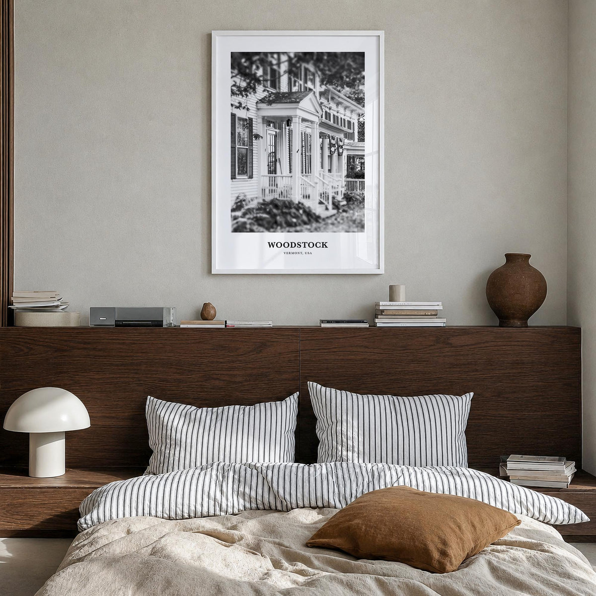 Woodstock, Vermont black & white classic poster of Vermont, USA – vertical wall art in white wood frame, hanging on wall