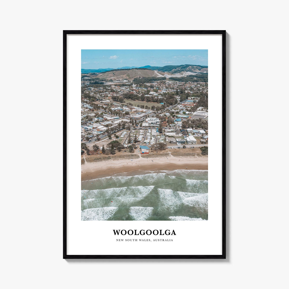 Woolgoolga colorful classic poster of Australia – vertical wall art, unframed print shown in interior mockup