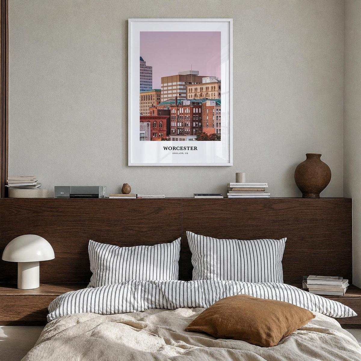 Worcester colorful classic poster of Massachusetts, USA – vertical wall art in white wood frame, hanging on wall