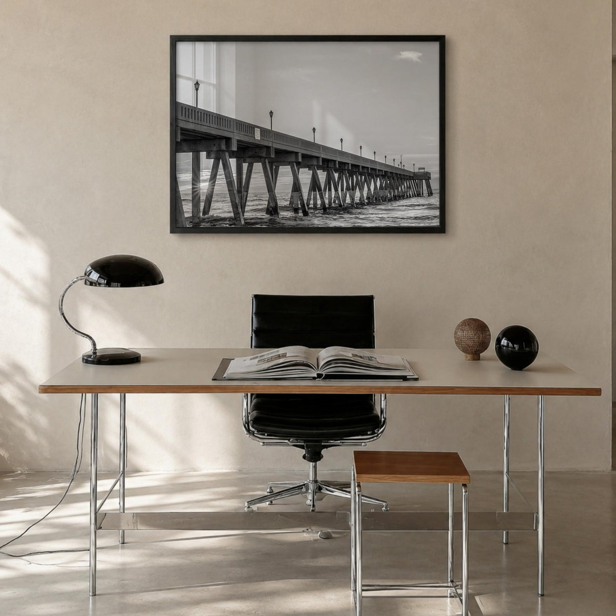 Wrightsville Beach black & white photo poster of North Carolina, USA – horizontal wall art in black wood frame, hanging on wa