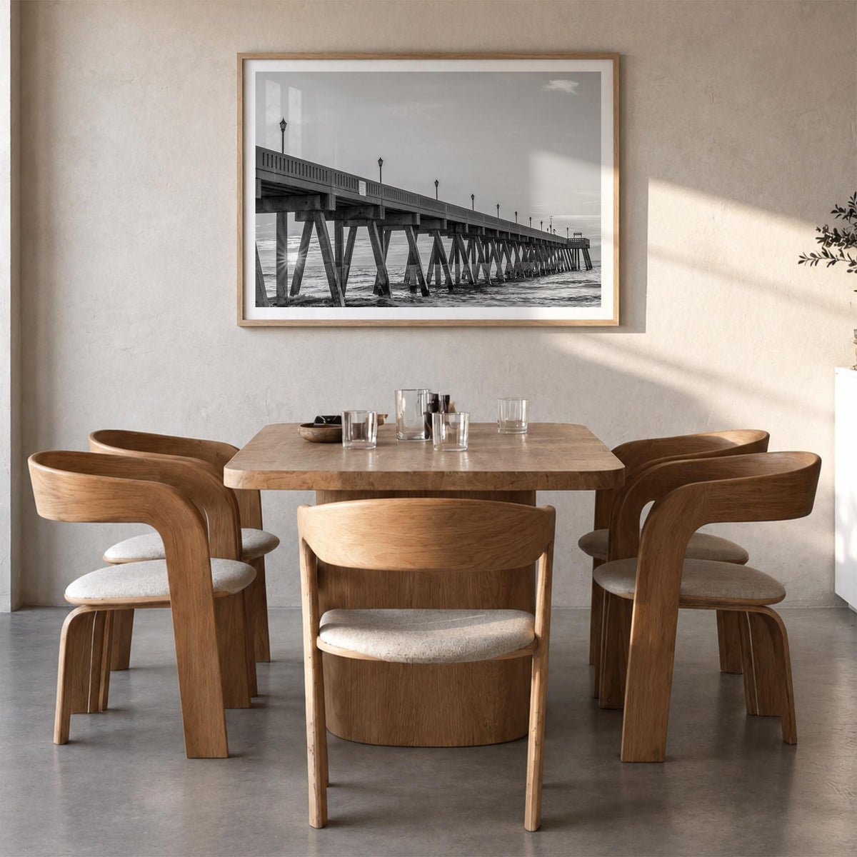 Wrightsville Beach black & white photo poster of North Carolina, USA – horizontal wall art in natural wood frame with white b