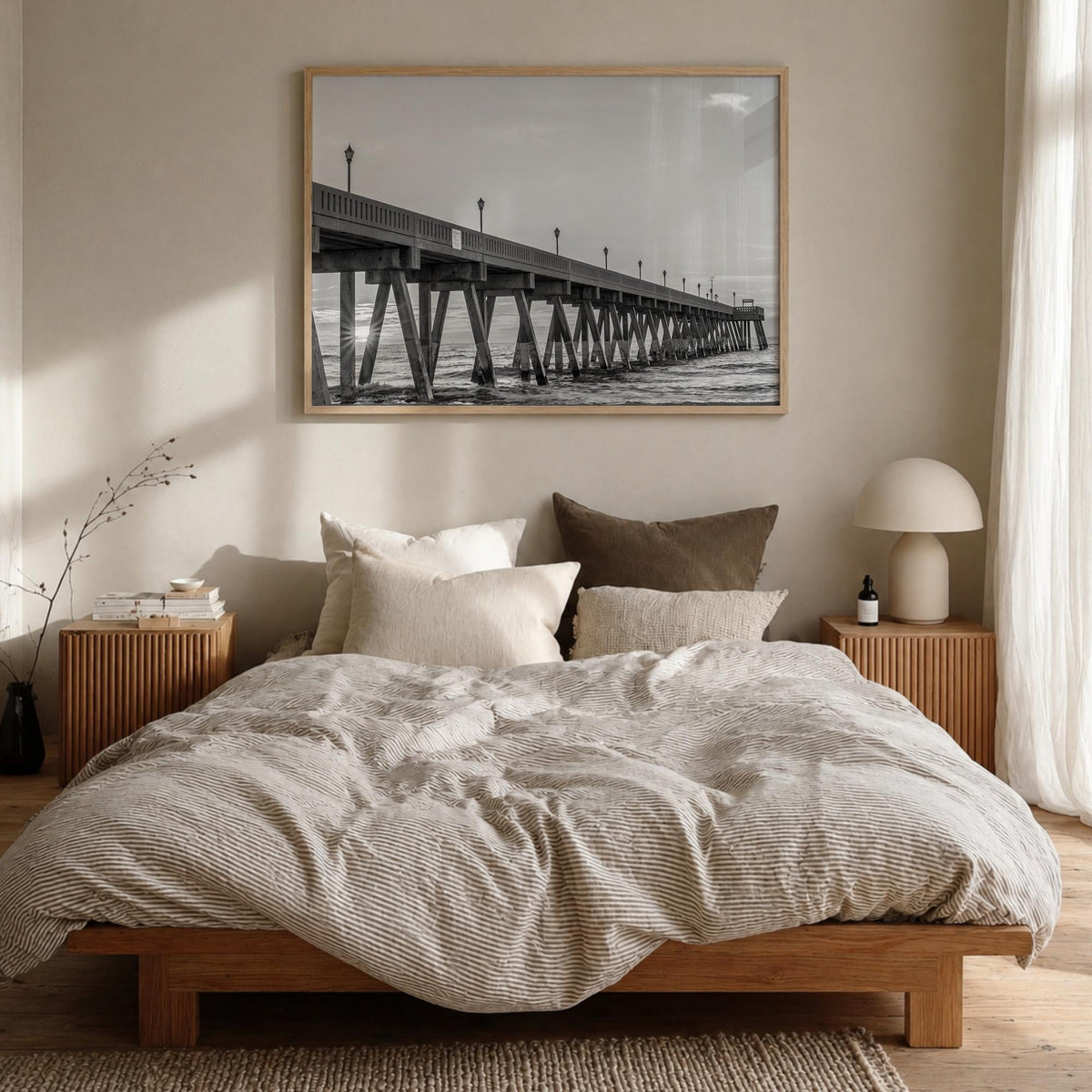 Wrightsville Beach black & white photo poster of North Carolina, USA – horizontal wall art in natural wood frame, hanging on