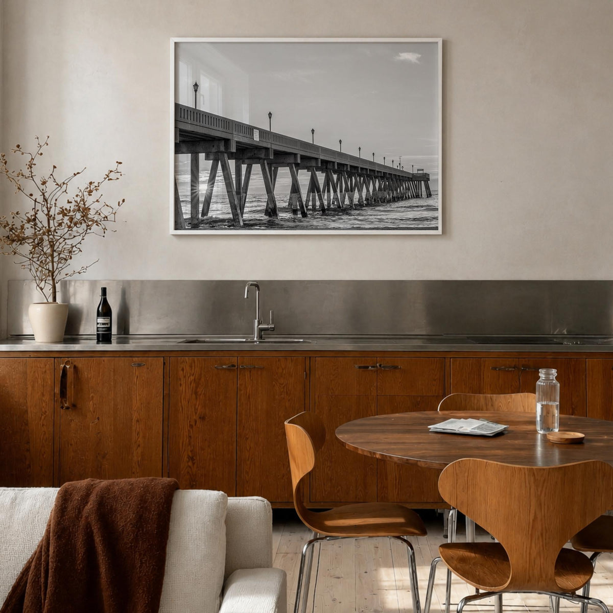 Wrightsville Beach black & white photo poster of North Carolina, USA – horizontal wall art in white wood frame, hanging on wa