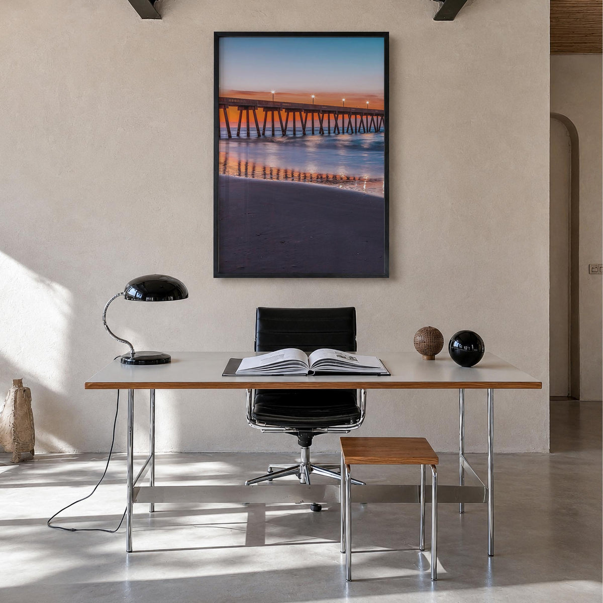 Wrightsville Beach colorful photo poster of North Carolina, USA – vertical wall art in black wood frame, hanging on wall
