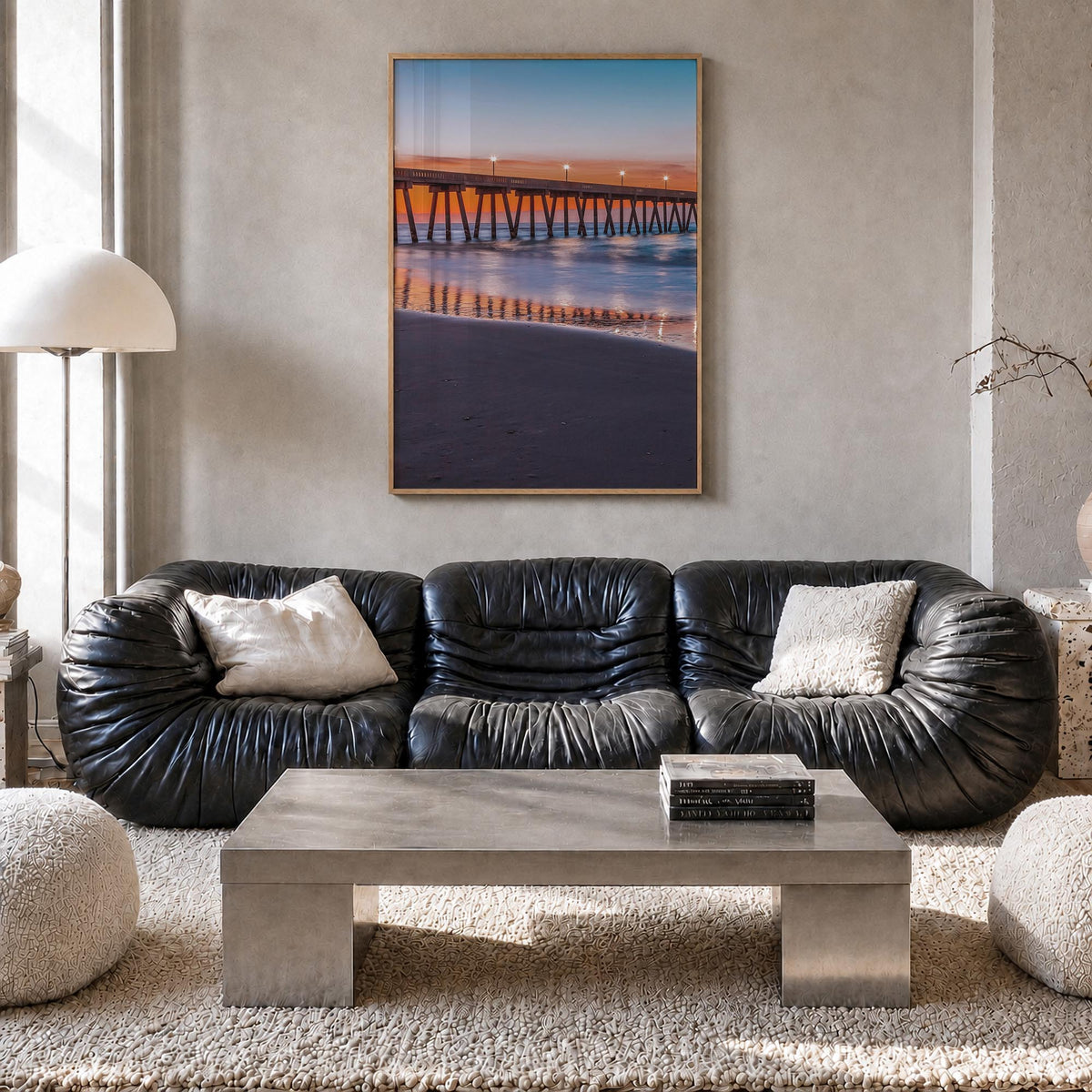 Wrightsville Beach colorful photo poster of North Carolina, USA – vertical wall art in natural wood frame, hanging on wall