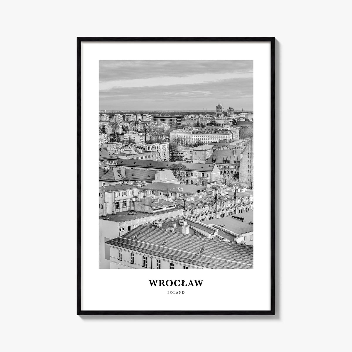 Wrocław black & white classic poster of Poland – vertical wall art, unframed print shown in interior mockup
