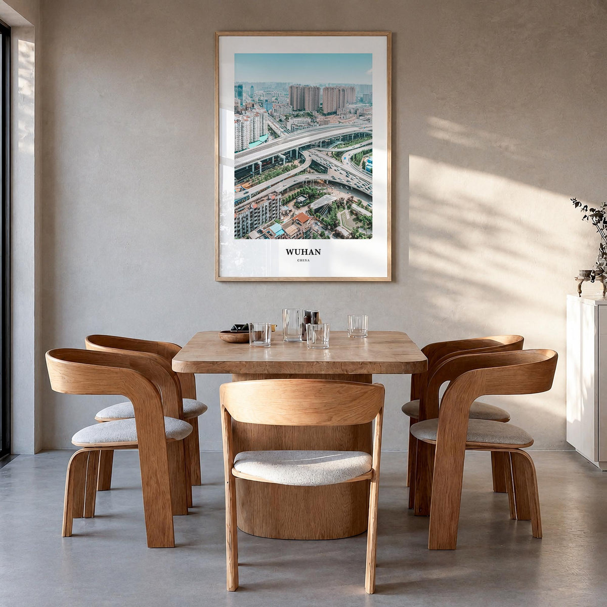 Wuhan colorful classic poster of China – vertical wall art in natural wood frame, hanging on wall