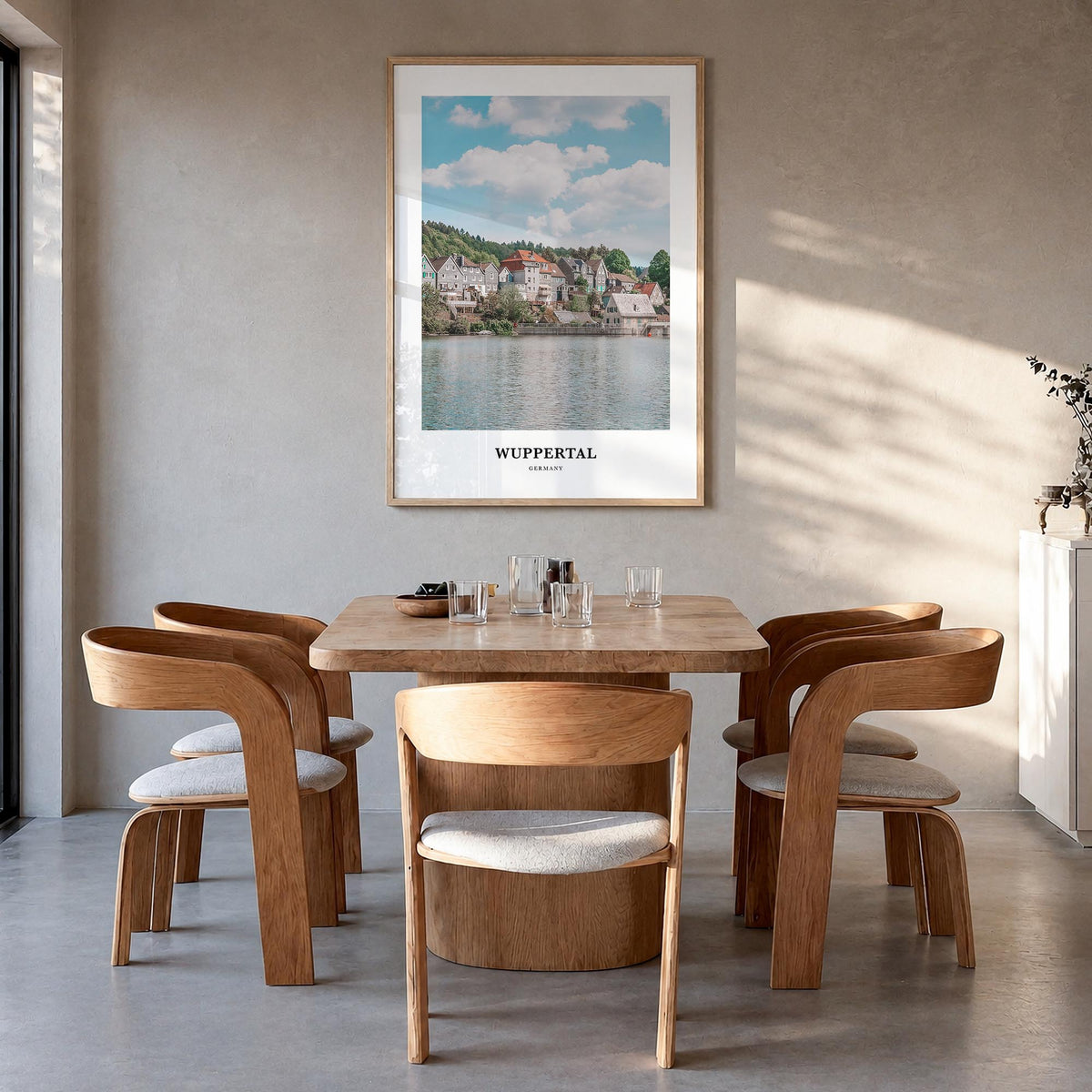 Wuppertal colorful classic poster of Germany – vertical wall art in natural wood frame, hanging on wall
