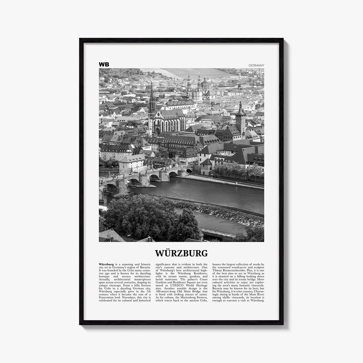 Würzburg no. 1 black & white newspaper poster of Germany – vertical wall art, unframed print shown in interior mockup