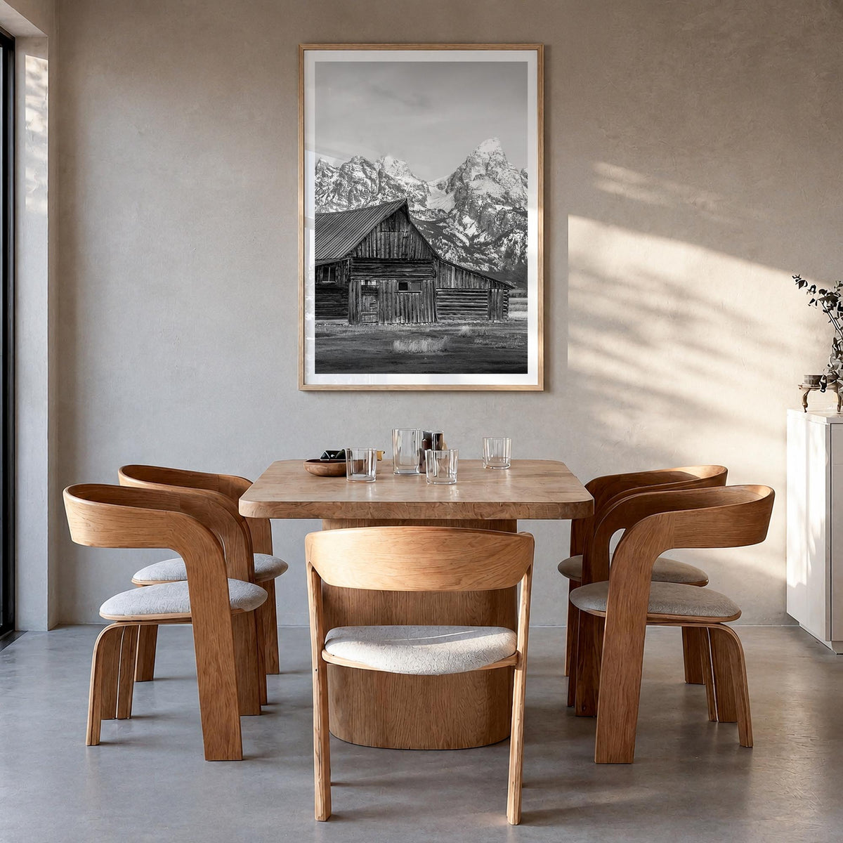 Wyoming black & white photo poster of United States – vertical wall art in natural wood frame with white border, hanging on w