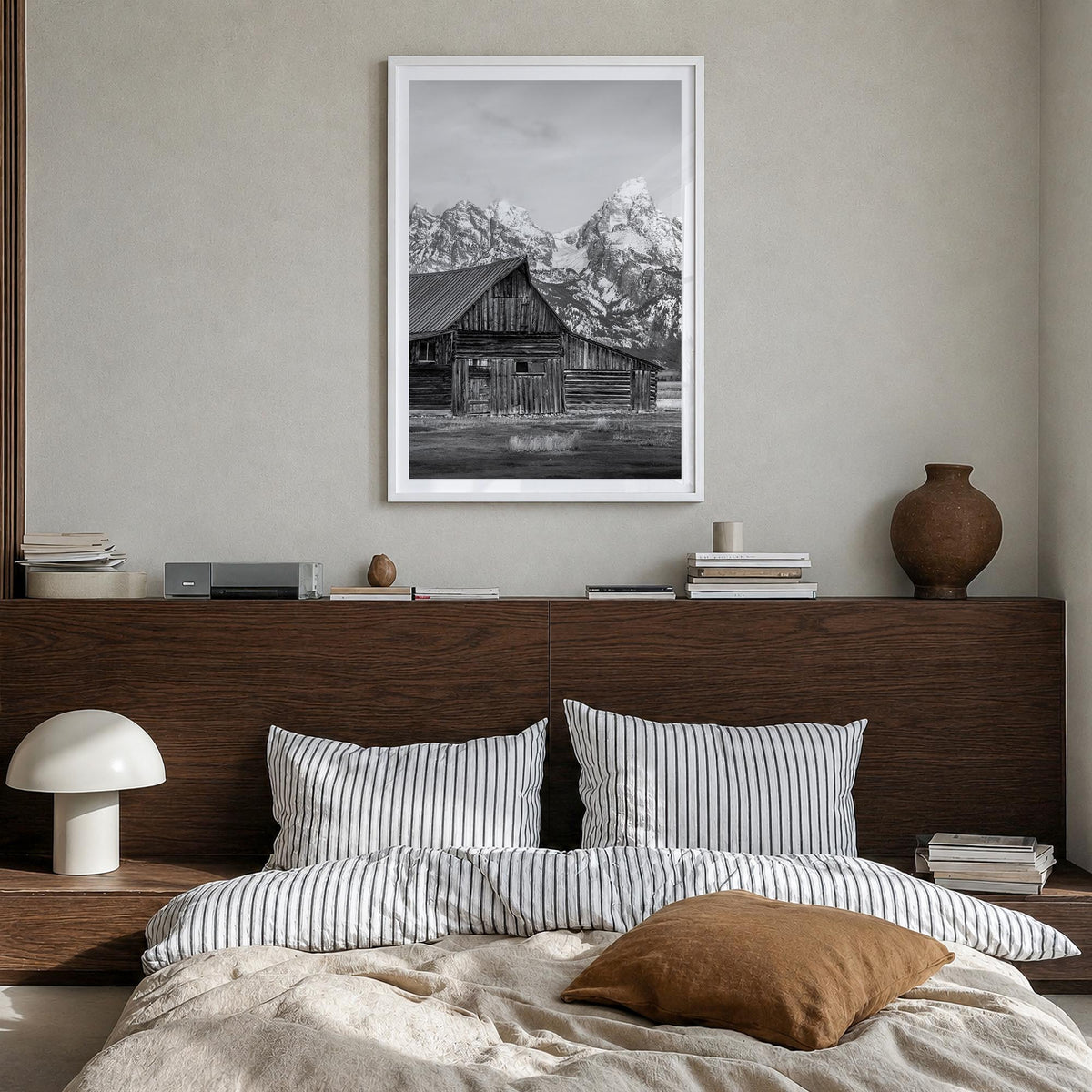 Wyoming black & white photo poster of United States – vertical wall art in white wood frame with white border, hanging on wal