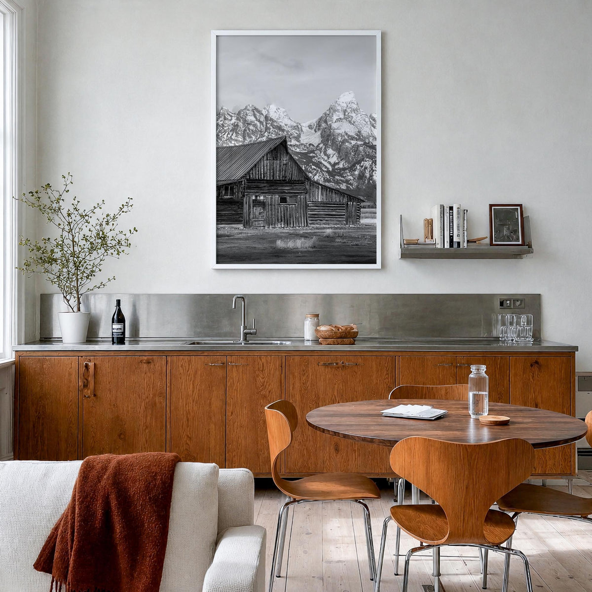 Wyoming black & white photo poster of United States – vertical wall art in white wood frame, hanging on wall