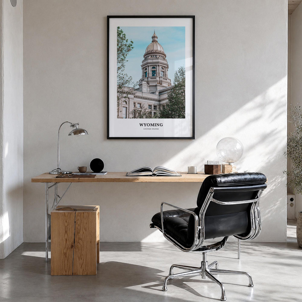 Wyoming colorful classic poster of United States – vertical wall art in black wood frame, hanging on wall