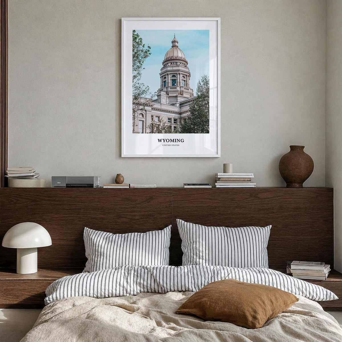 Wyoming colorful classic poster of United States – vertical wall art in white wood frame, hanging on wall