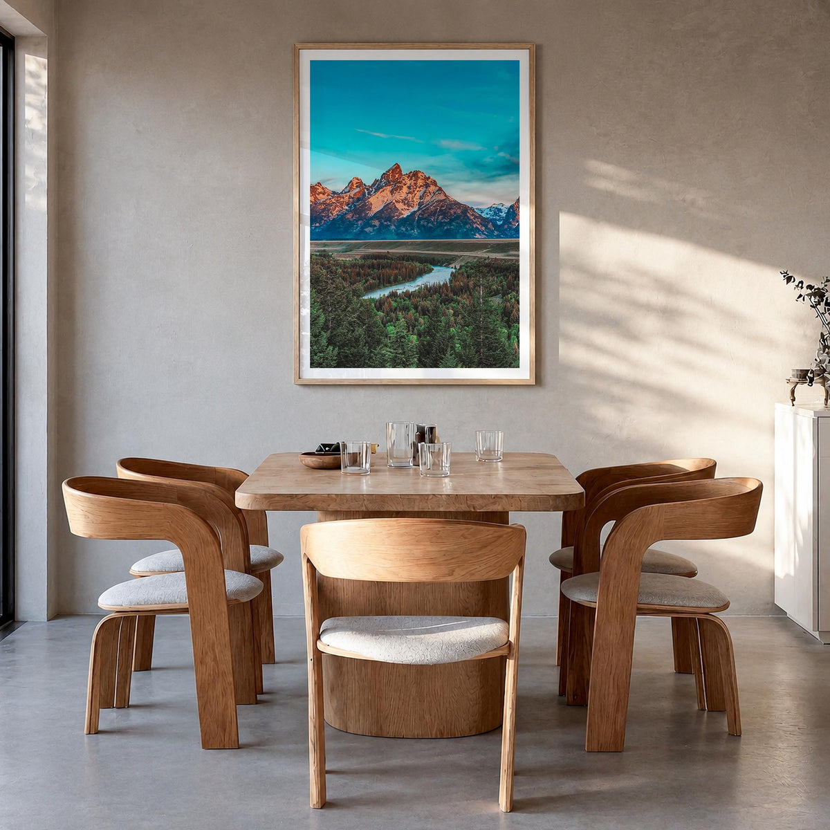 Wyoming colorful photo poster of United States – vertical wall art in natural wood frame with white border, hanging on wall