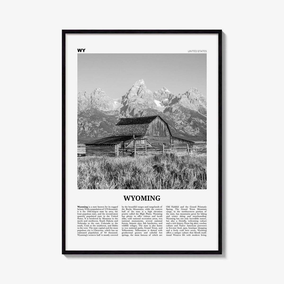 Wyoming no. 1 black & white newspaper poster of United States – vertical wall art, unframed print shown in interior mockup
