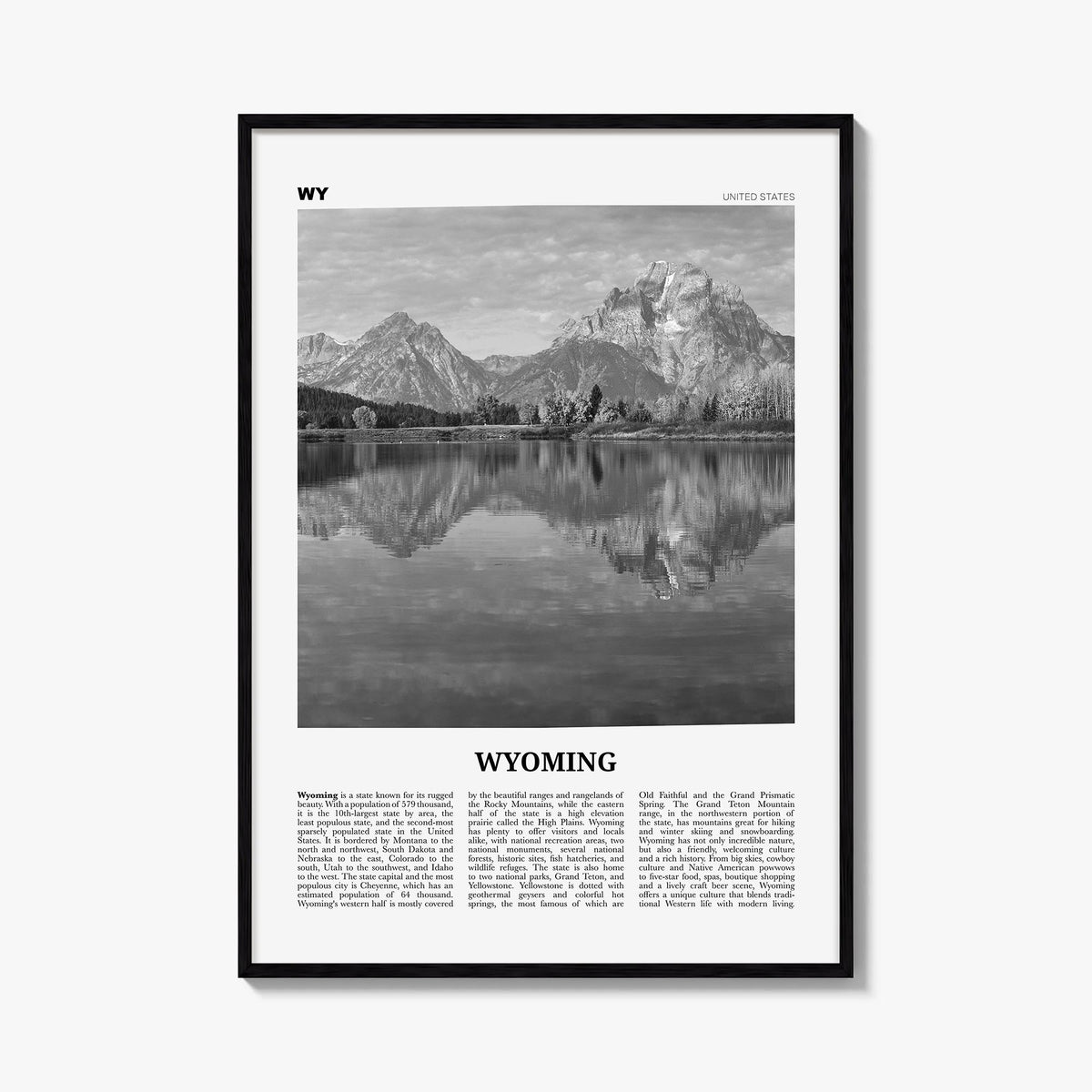 Wyoming no. 2 black & white newspaper poster of United States – vertical wall art, unframed print shown in interior mockup