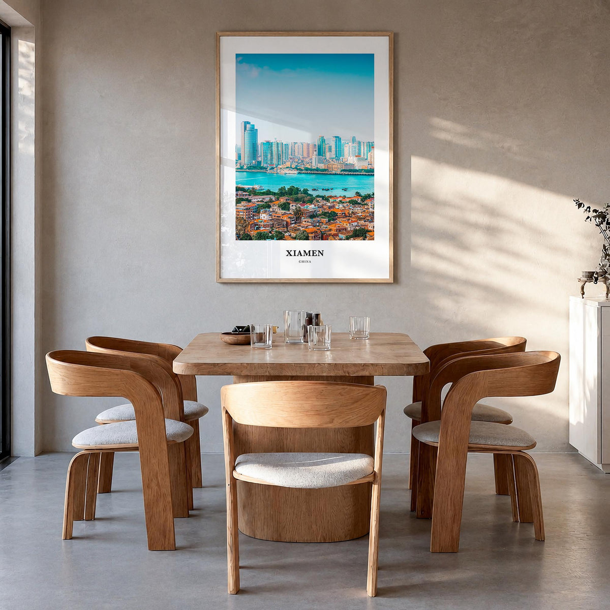 Xiamen colorful classic poster of China – vertical wall art in natural wood frame, hanging on wall