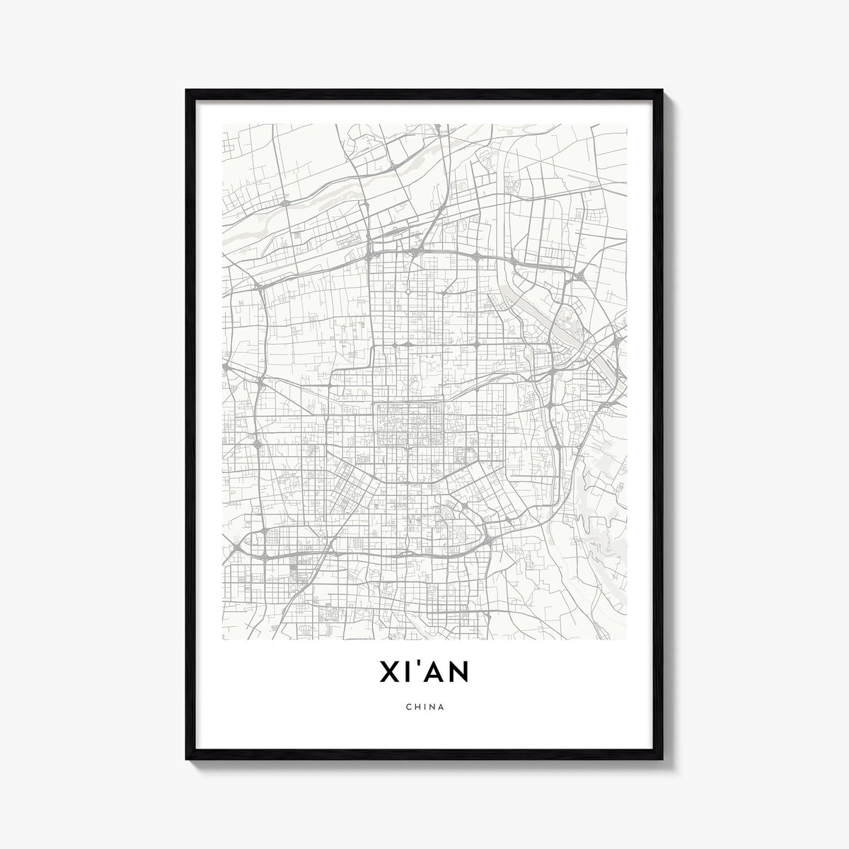 Xi'an black & white map poster of China – vertical wall art, unframed print shown in interior mockup