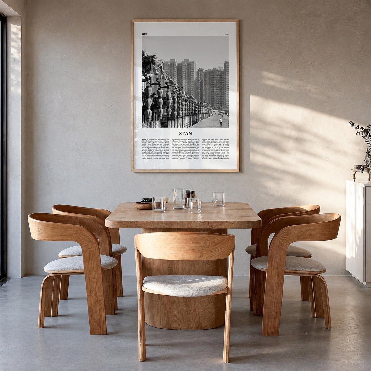 Xi'an black & white newspaper poster of China – vertical wall art in natural wood frame, hanging on wall