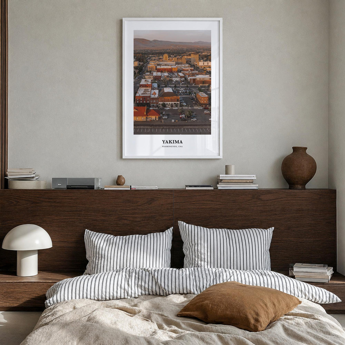 Yakima colorful classic poster of Washington, USA – vertical wall art in white wood frame, hanging on wall