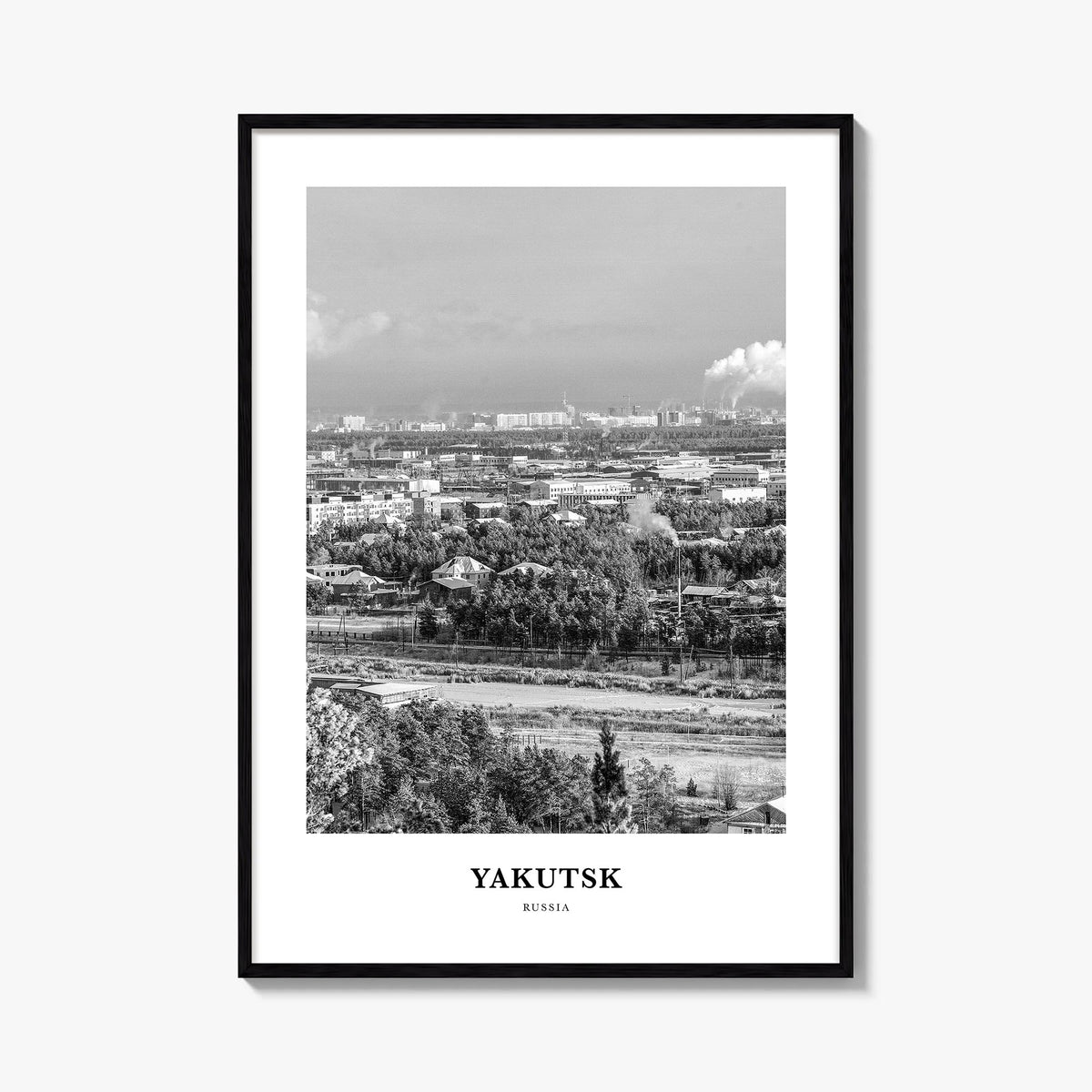 Yakutsk black & white classic poster of Russia – vertical wall art, unframed print shown in interior mockup