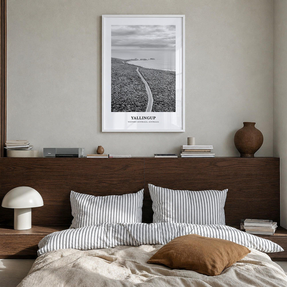 Yallingup black & white classic poster of Western Australia, Australia – vertical wall art in white wood frame, hanging on wa