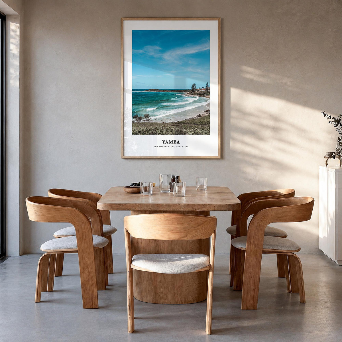 Yamba colorful classic poster of New South Wales, Australia – vertical wall art in natural wood frame, hanging on wall