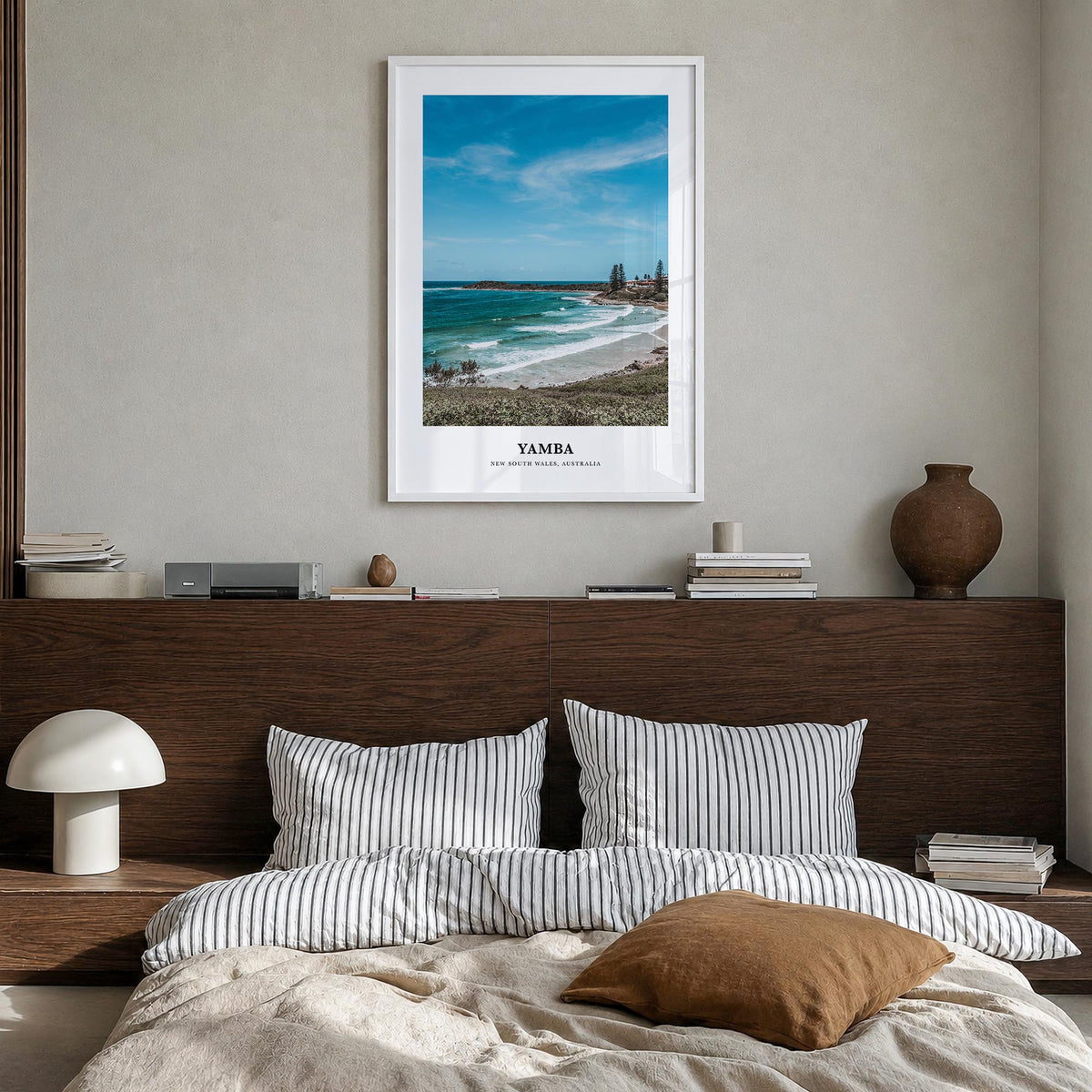 Yamba colorful classic poster of New South Wales, Australia – vertical wall art in white wood frame, hanging on wall