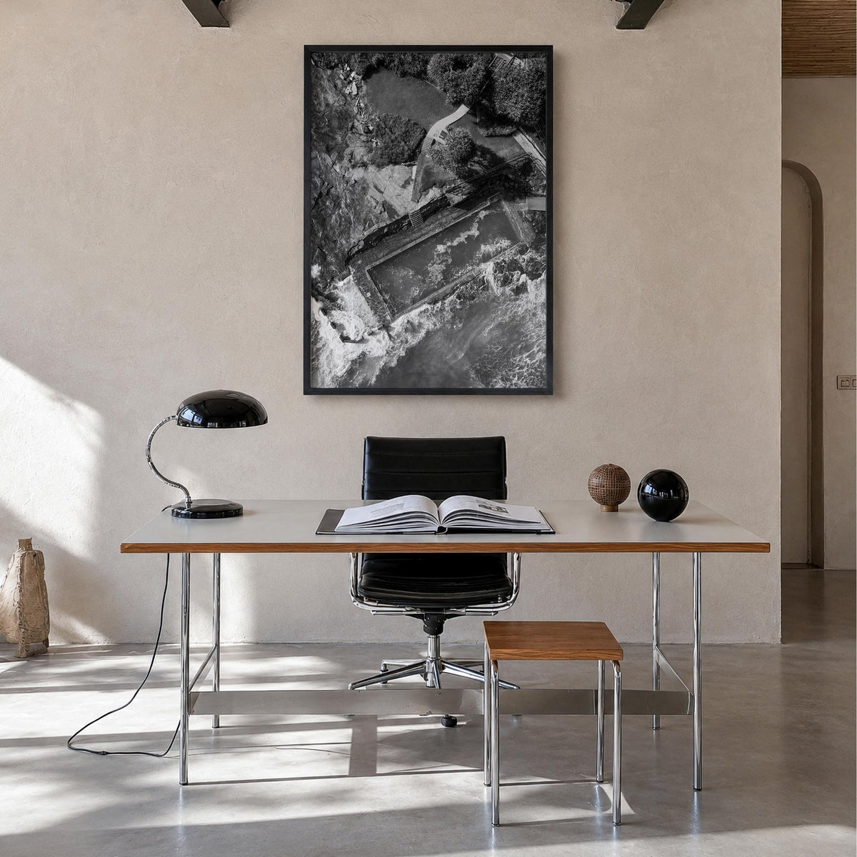 Yamba no. 1 black & white photo poster of Australia – vertical wall art in black wood frame, hanging on wall