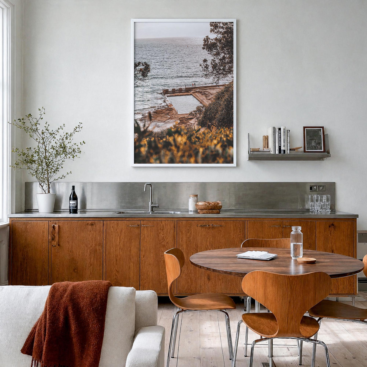 Yamba no. 2 colorful photo poster of New South Wales, Australia – vertical wall art in white wood frame, hanging on wall