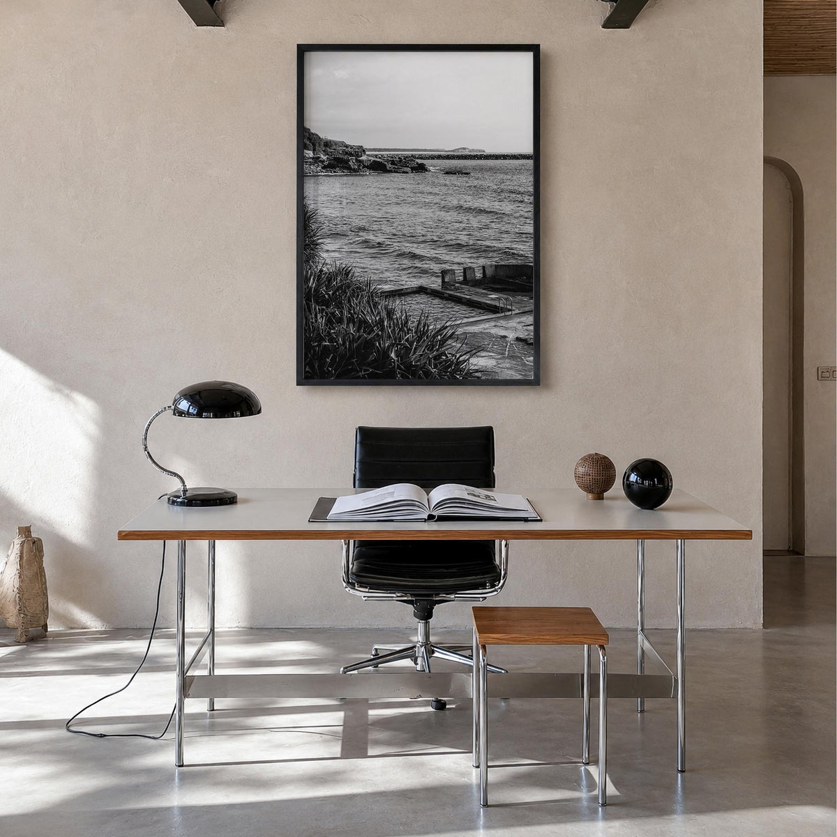 Yamba no. 2 black & white photo poster of Australia – vertical wall art in black wood frame, hanging on wall