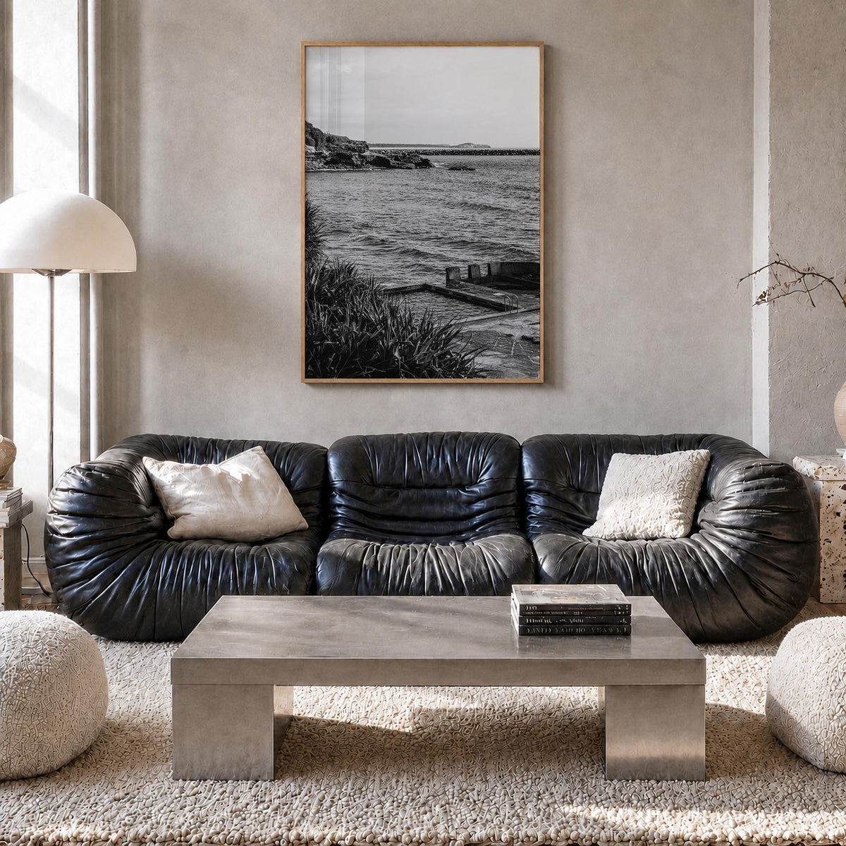 Yamba no. 2 black & white photo poster of Australia – vertical wall art in natural wood frame, hanging on wall
