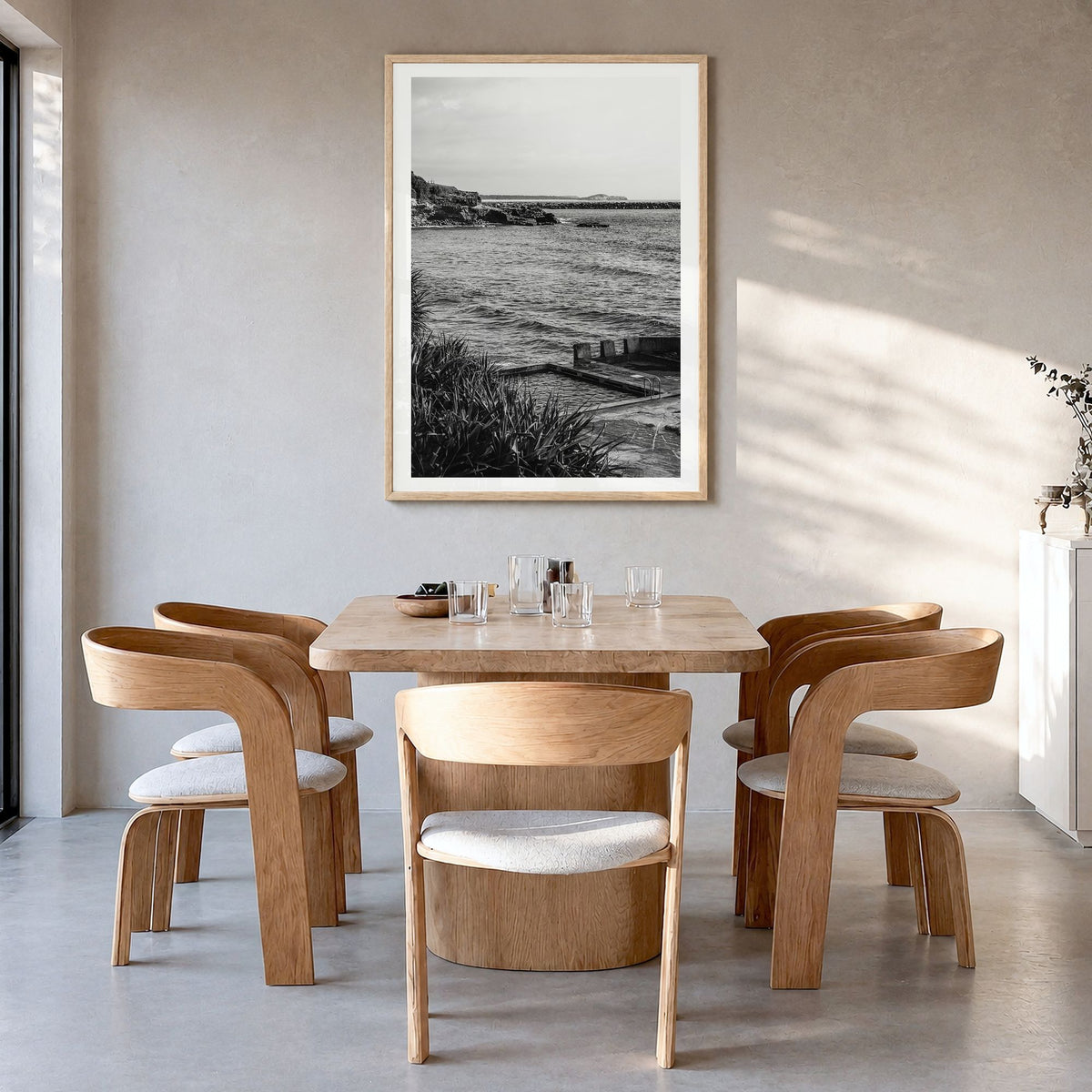 Yamba Photo No 3 Poster in a natural wood frame, hanging in a dining room, white border