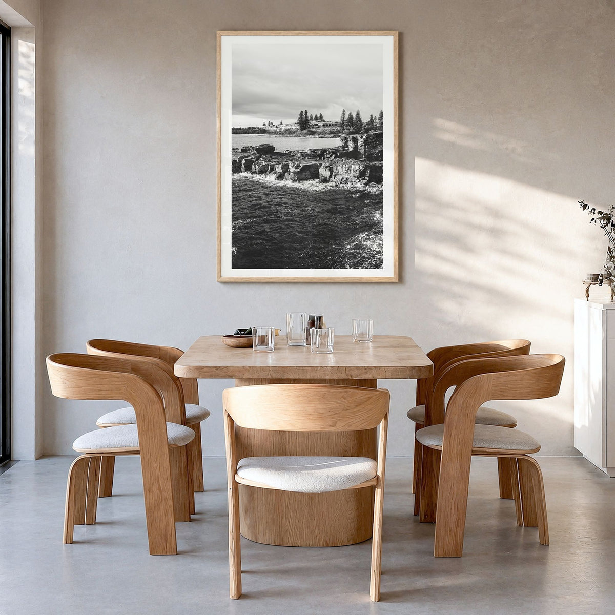 Yamba Photo No 1 Poster in a natural wood frame, hanging in a dining room, white border
