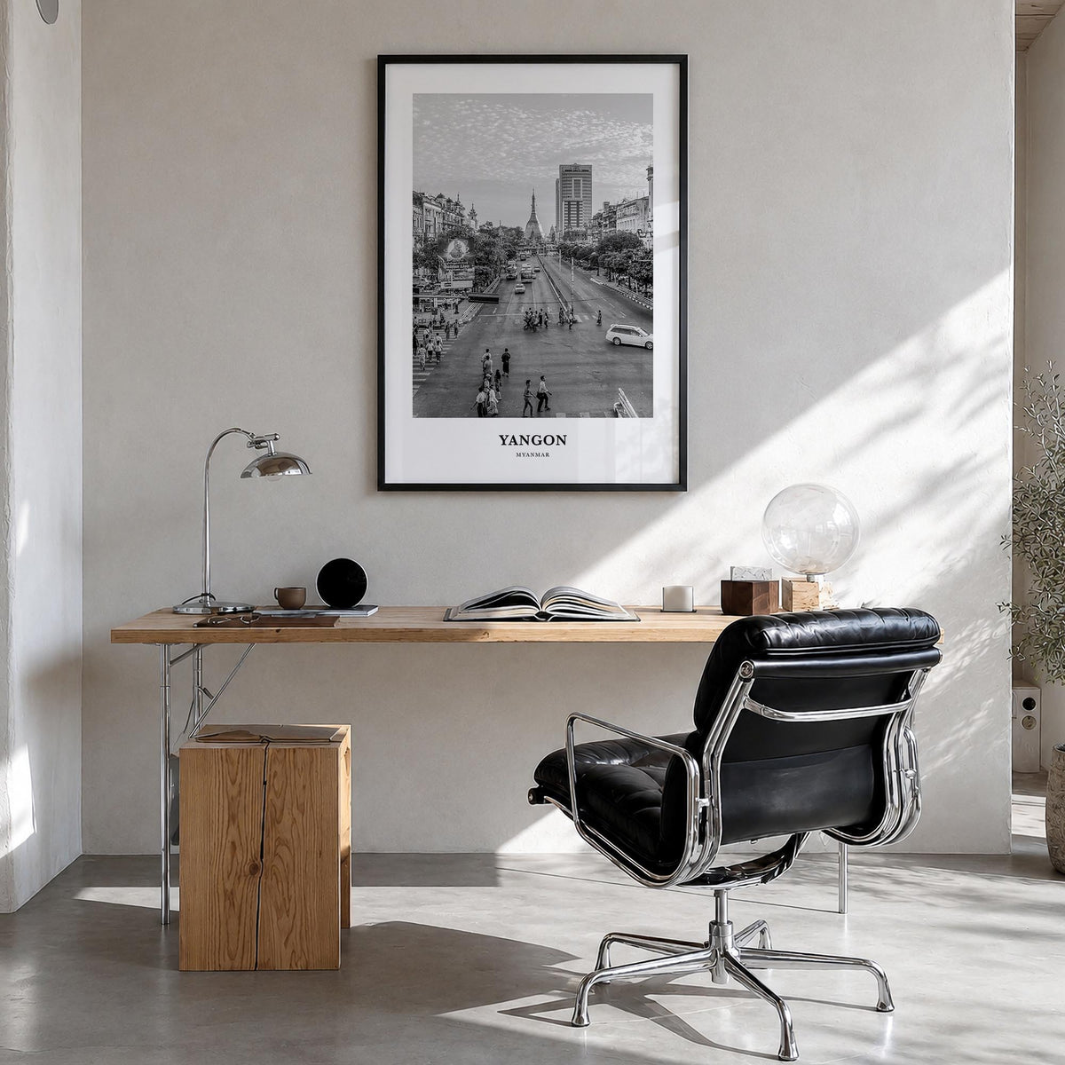 Yangon black & white classic poster of Myanmar – vertical wall art in black wood frame, hanging on wall