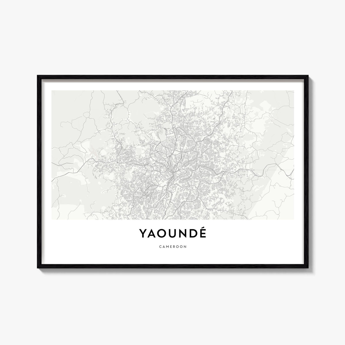 Yaoundé black & white map poster of Cameroon – horizontal wall art, unframed print shown in interior mockup