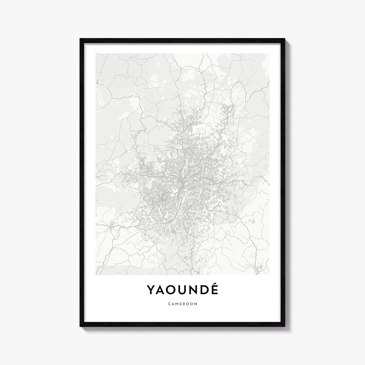Yaoundé black & white map poster of Cameroon – vertical wall art, unframed print shown in interior mockup